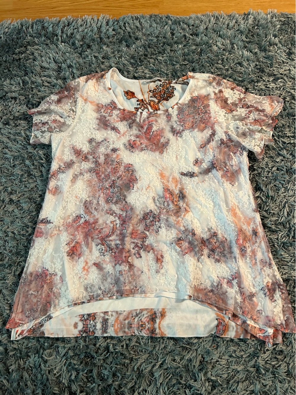 Women’s cleo Floral Lace Overlay Short Sleeve Top - White, Pink, Orange